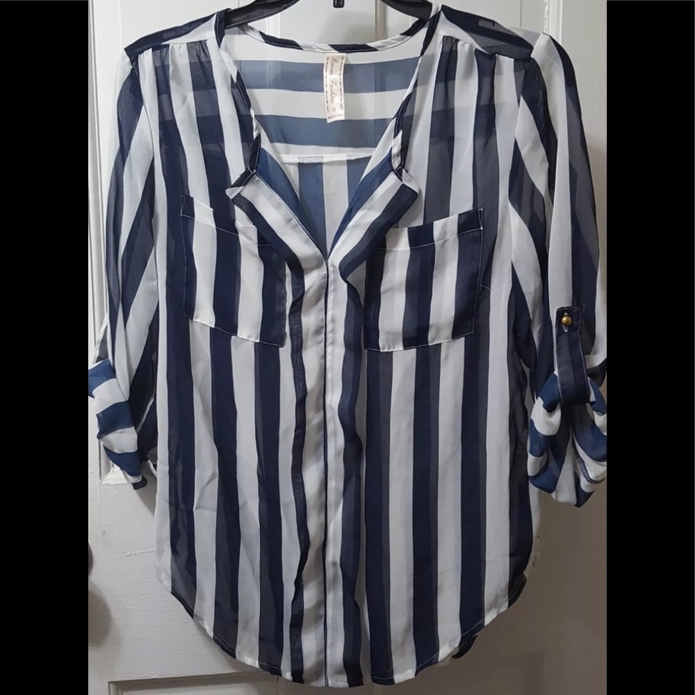 Roman Fashion Small Blouse Sheer, Blue/White Strip